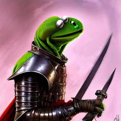 Prompt: Kermit with a medieval armour fighting with a sword, epic environment, closeup, D&D, fantasy, intricate, elegant, highly detailed, digital painting, artstation, concept art, matte, sharp focus, illustration, art by Artgerm and Greg Rutkowski and Alphonse Mucha