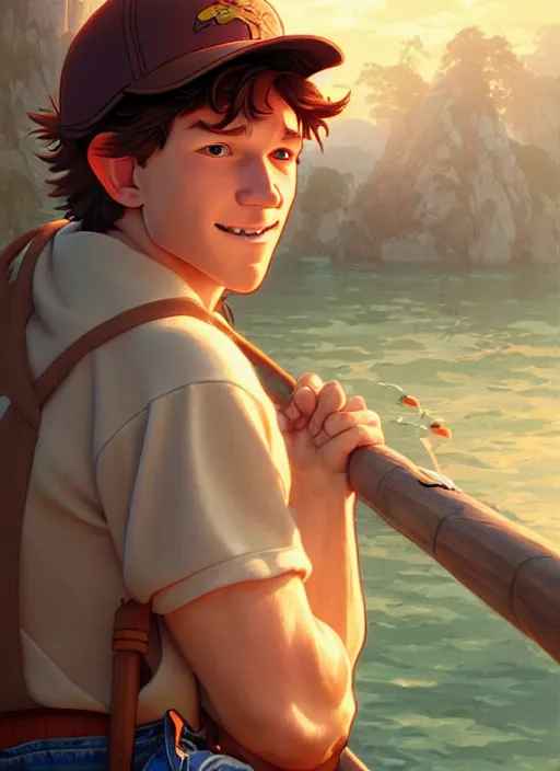 Prompt: cute fisherman tom holland, natural lighting, path traced, highly detailed, high quality, digital painting, by don bluth and ross tran and studio ghibli and alphonse mucha, artgerm