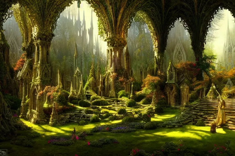 Image similar to a beautiful and highly detailed fantasy landscape painting of an elven cathedral in a beautiful garden in a mystical forest, psychedelic, intricate details, epic scale, insanely complex, 8 k, sharp focus, hyperrealism, artstation, cgsociety, by caspar friedrich, albert bierstadt, james gurney, brian froud,