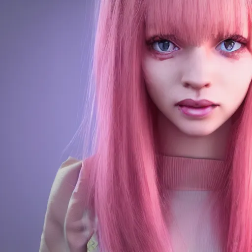 Image similar to A portrait of Nikki from Shining Nikki, a 3d cgi toon young woman with long pink hair, full bangs, amber eyes, pale skin, Chinese, medium shot, mid-shot, soft focus, 4k, trending on artstation