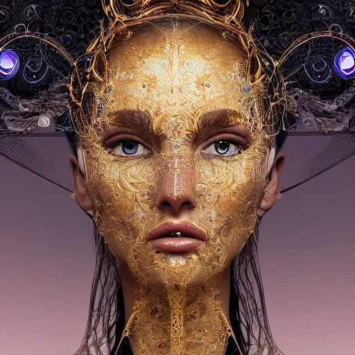 Prompt: very beautiful woman integrating with technology, full face frontal centered, portrait, insipiring, detailed intricate ornate cables connected to head, big open electric eyes, luxurious detailed abundent wiring and implants, gold, renaissance, sci - fi, detailed technology background with cyber flowers and insects, dramatic lighting, photography, highly detailed, artstation, 8 k,