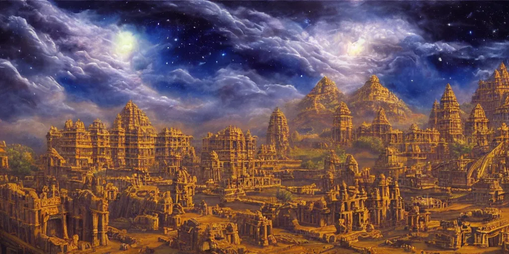 Prompt: fantasy oil painting, mega structure city, indore, kailasa temple, ellora, argos, hybrid, looming, small buildings, warm lighting, street view, overlooking, interstellar space port launching dock, epic, distant mountains, bright clouds, luminous sky, cinematic lighting, michael cheval, david palladini, artstation, oil painting, natural tpose