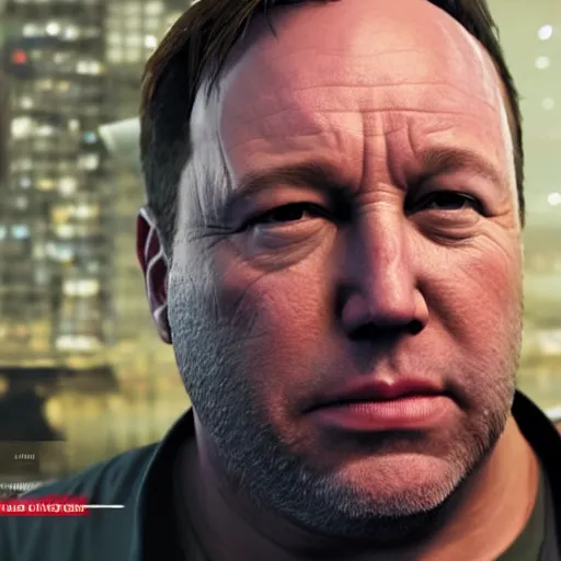 Image similar to hyperrealistic mixed media image of info wars alex jones wasted in gta v, stunning 3 d render inspired art by xiang duan and thomas eakes and greg rutkowski, perfect facial symmetry, hyper realistic texture, realistic, highly detailed attributes and atmosphere, dim volumetric cinematic lighting, 8 k octane detailed render, post - processing, masterpiece,