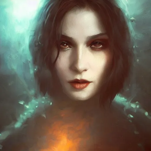 Image similar to majestic gracious regal aristocratic brunette female vampire portrait, atmospheric lighting, painted, menacing, intricate, volumetric lighting, beautiful, rich deep colours masterpiece, golden hour, sharp focus, hyper realistic, ultra detailed, by leesha hannigan, ross tran, thierry doizon, kai carpenter, ignacio fernandez rios