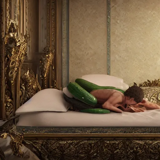 Image similar to avocado man going to sleep in a comfy bed intricate detail, finely detailed, small details, extra detail, photorealistic, high resolution, vray, hdr, hyper detailed, insane details, intricate, elite, ornate, elegant, luxury, dramatic lighting, octane render, weta digital, micro details, 3 d sculpture