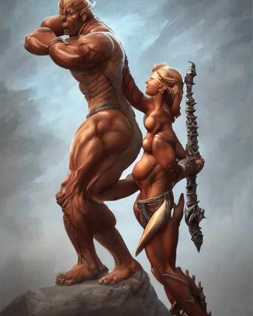 Prompt: female athletic body type and male warrior strong body type holding each other close by Boris Vallejo, moody, character design concept art, diablo, warcraft, hard surface, Character design, dramatic, highly detailed, photorealistic, digital painting, painterly, artstation, concept art, smooth, sharp focus, by artist from league of legends