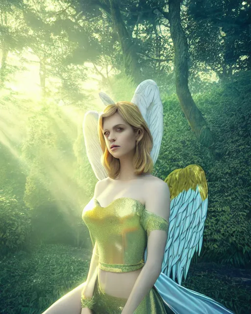 Image similar to posh Angel in enchanted forest, prismatic highlights, atmosphere, gorgeous, depth of field, cinematic, macro, concept art, 50mm, artstation, wlop, elegant,weta digital, focus, octane render, v-ray, 8k, kodak portra, art by Liberatore