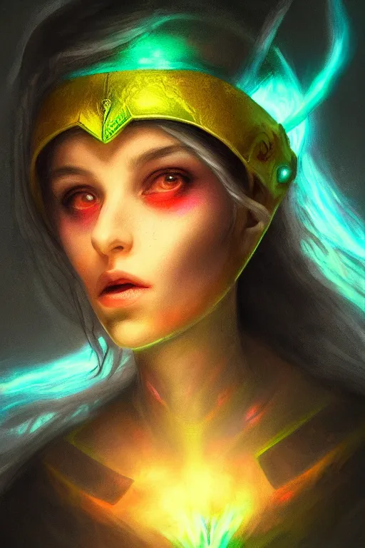 Prompt: electric lore, female elf, painted by peter lloyd and frank wu, trending on artstation, rembrandt lighting front view iridescent colors, chalk art, macro, magic realism, manierism