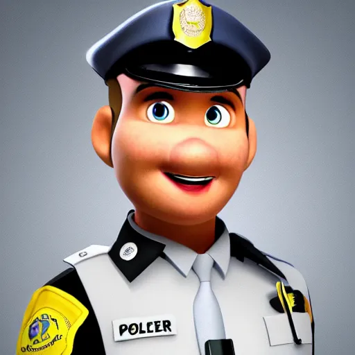 Prompt: hyperrealistic, ultra detailed, realistic render of a police officer in the style of pixar