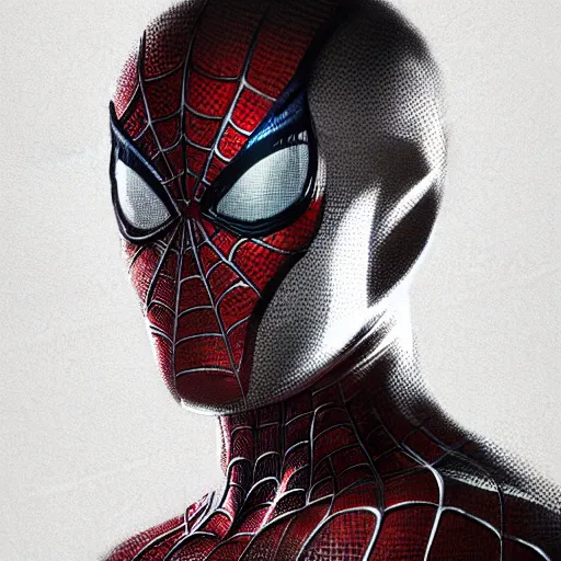 Image similar to a well designed portrait of spiderman, detailed, realistic, sketch style, artstation, greg rutkowski, 8 k resolution.