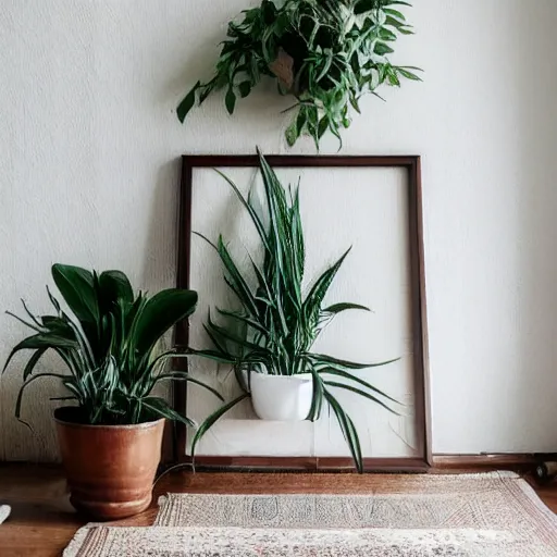 Prompt: minimalist mockup photo of large blank frame on floor with thin light wooden moulding, white background wall, boho carpet, one small potted plant, trending on etsy