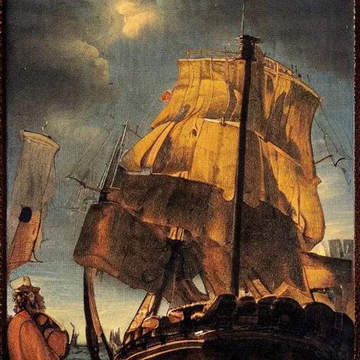 Image similar to an old 1 7 2 0 painting of blackbeard on his ship while a lighting strucks into the ship,