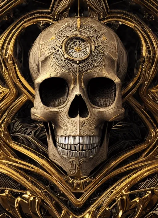 Image similar to 3d render ultra detailed of a skull, art deco, intricate gears details, hyperrealistic, ultra detailed, elegant, octane render, blue and gold, 8k, trending on Artstation, unreal engine