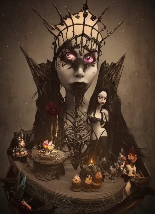 Image similar to a portrait of a gothic dark fantasy cake with wizards and valkyries on it, au naturel, hyper detailed, digital art, trending in artstation, cinematic lighting, studio quality, smooth render, unreal engine 5 rendered, octane rendered, art style by pixar dreamworks warner bros disney riot games.