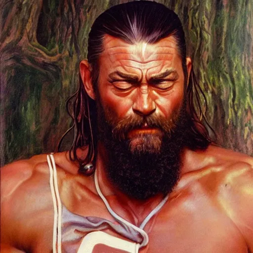 Image similar to ultra realistic portrait painting of forest gump as ryu, art by frank frazetta, 4 k, ultra realistic, highly detailed, epic lighting