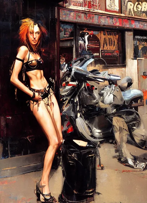 Image similar to androgynous glam rocker outside cbgb in the style of phil hale, sfumato Orientalist portrait by john william waterhouse and James Gurney and Theodore Ralli and Nasreddine Dinet, Syd Mead, Phil Hale, oil on canvas. Cinematic, hyper realism, realistic proportions, dramatic lighting, high detail 4k