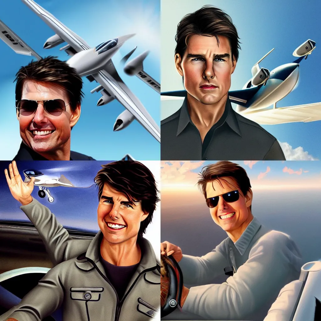 Prompt: Tom Cruise in a jet, flying with cat co-pilot, photorealistic