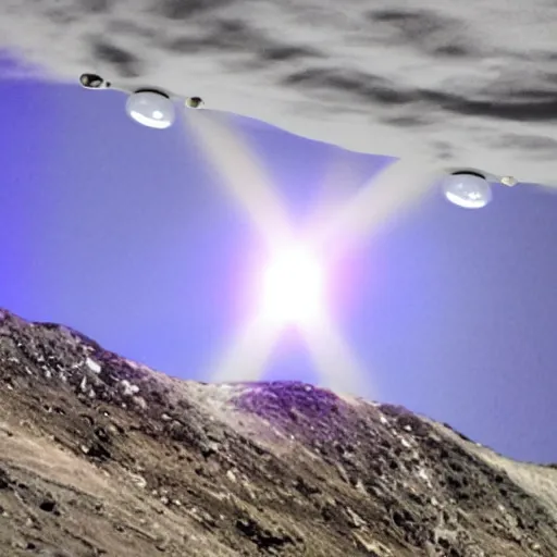 Prompt: the photo shows a large, silver disk - shaped object hovering in the sky above a mountain range. the object appears to be surrounded by a bright, glowing aura. there is no sign of any engines or propulsion system, and the object seems to be completely silent. the photo was taken by a professional photographer.