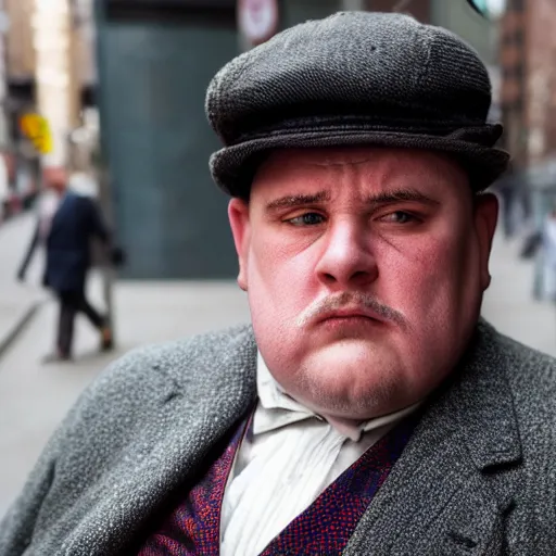 Prompt: closeup portrait of obese peaky blinders in a new york street, by Steve McCurry and David Lazar, natural light, detailed face, CANON Eos C300, ƒ1.8, 35mm, 8K, medium-format print