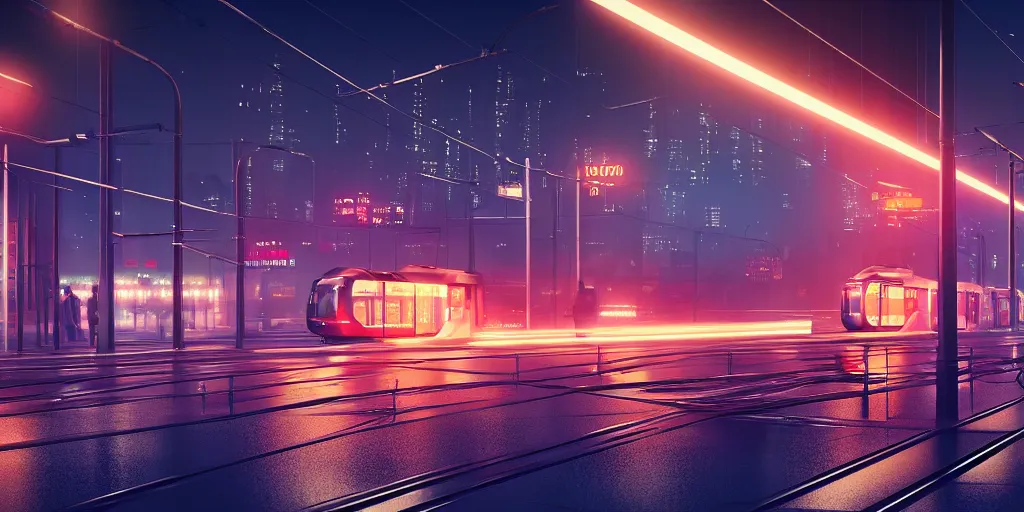 Image similar to tram on viaduct crossing the city at night time ， blade runner 2 0 4 9, 4 k resolution, ultra wide angle, cinematic, octane render