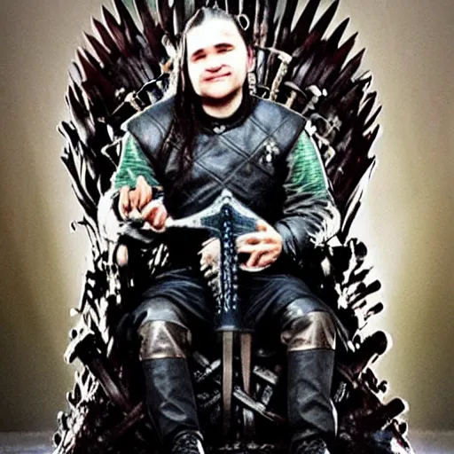 Image similar to skrillex sitting on the iron throne of game of thrones