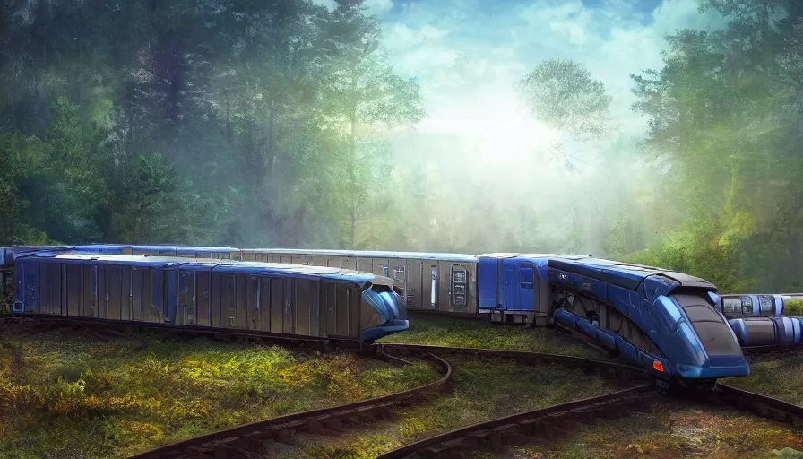 Image similar to futuristic cargo train driving through forest, matte painting, artstation, sunrise, blue sky, solarpunk