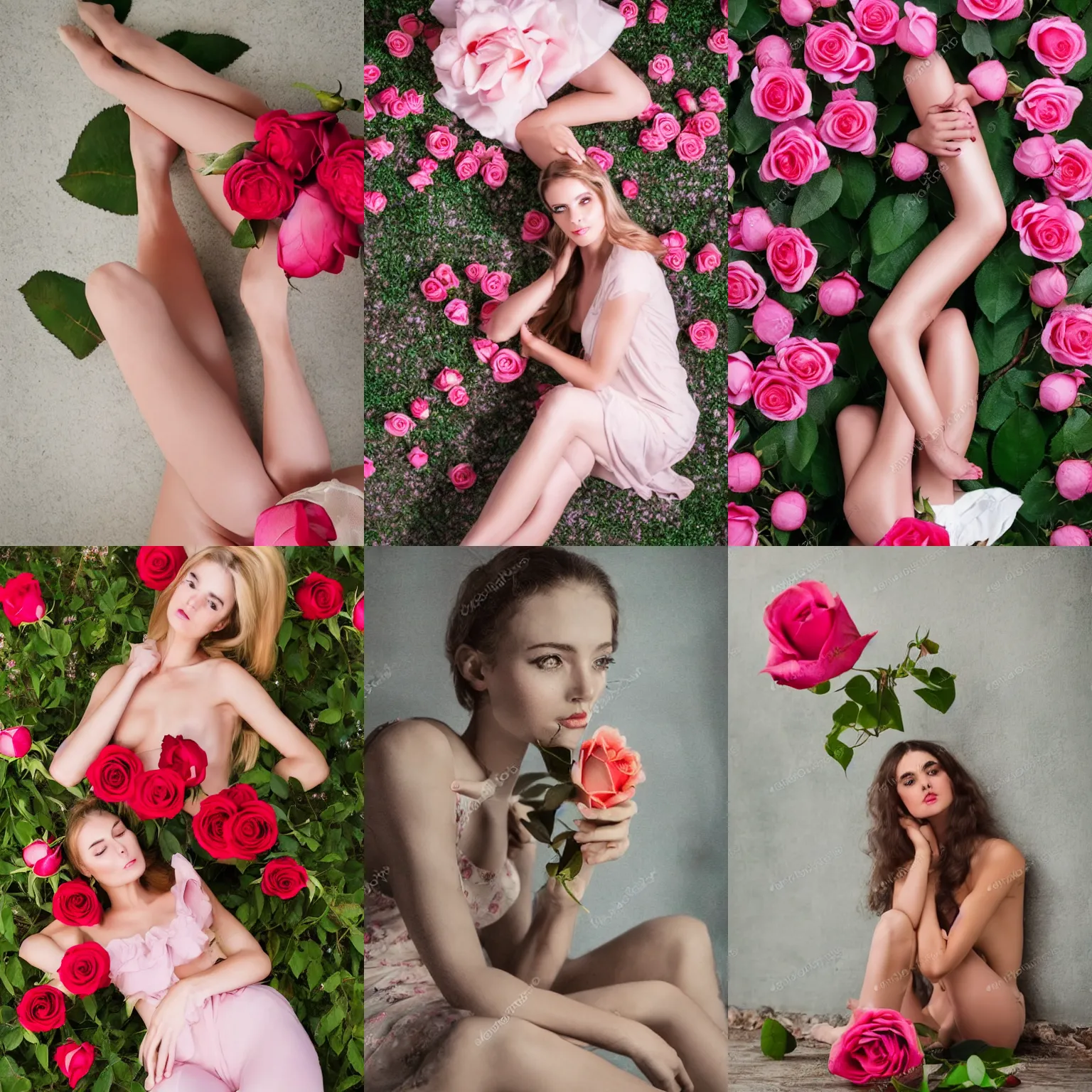 Prompt: 1970 studio photography feminine roses pereskia sensual a stock photo featured on pexels by Vladimir Baranov-Rossine a woman sitting on the ground next to a rose