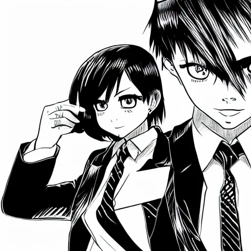 Image similar to a girl wearing a business and a red necktie, in the style of chainsaw man, black and white, anime art, hd, detailed drawing