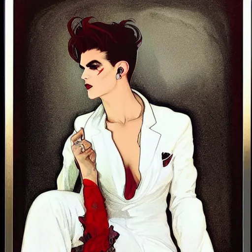 Prompt: handsome portrait of androgynous ruby rose as desire from sandman in a white tuxedo!!!, rockabilly style,, by alphonse mucha, by jeremy mann, by peter lindbergh, dave mckean, by frank moth, white suit and black tie, soft lightning, high detailed, 8 k