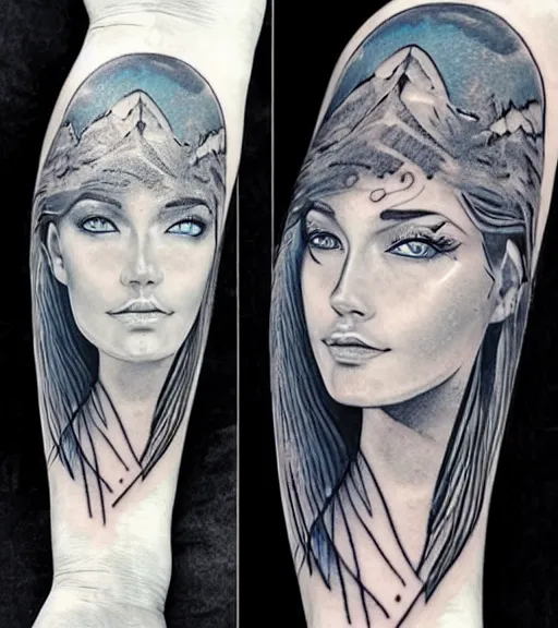 Image similar to tattoo design sketch of a beautiful blue - eyed woman face with a faded background of beautiful mountains and nature on her side, hyper - realistic, in the style of den yakovlev, amazing detail, black and white