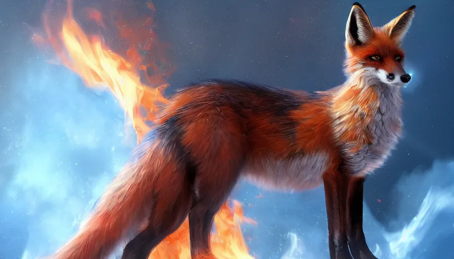 Image similar to fox on fire with wings and blue eyes, hyperdetailed, artstation, cgsociety, 8 k