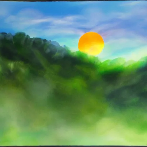 Prompt: digital airbrush painting of an orange eclipse sun rising behind hills of vibrant green with blue mist floating across them, extremely detailed, smooth, clean