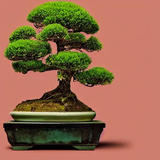 Image similar to A picture of a planet of various flowers, fungus and plants, Bonsai , in which the human figure is dressed in something magical and impressive, inside the picture is infinity, muted light, BotanicalAtmospheric phenomenon, artistic photography, muted colors, conceptual, Kodachrome