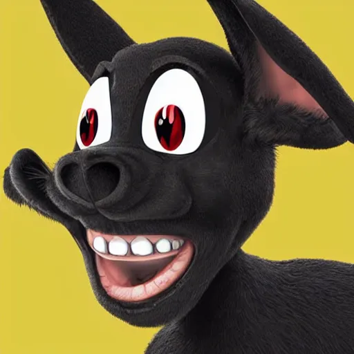 Image similar to A extremely highly detailed majestic hi-res beautiful, highly detailed head and shoulders portrait of a scary terrifying, horrifying, creepy black cartoon rabbit with scary big eyes, earing a shirt laughing, hey buddy, let's be friends, in the style of Walt Disney animation