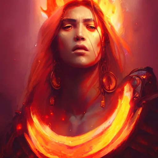 Image similar to a beautiful portrait of a fire goddess by greg rutkowski and raymond swanland, trending on artstation, flaming background, ultra realistic digital art