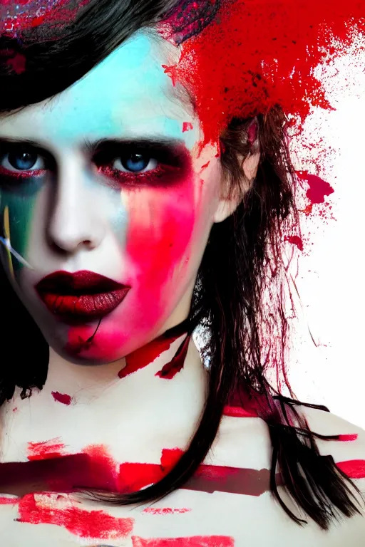 Prompt: glitched mix of endless female faces and red paint in style of neo-dada