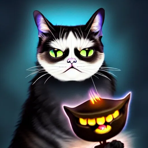 Image similar to someone demonstrating the dark arcane magic that is necessary to get this stupid cat to smile, highly detailed, trending on artstation, 8k, award winning artwork, oh and also grumpy cat is smiling in this one okay thanks