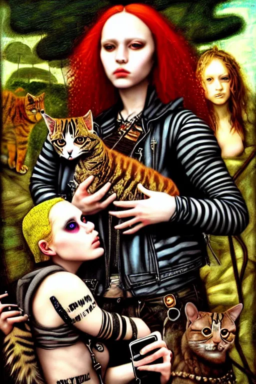 Image similar to punk rock girls making selfie with kind cats in jungle , mad max jacket, post apocalyptic, renaissance, highly detailed, digital painting, oil painting by Leonardo Da Vinci, hyper realistic style, fantasy by Olga Fedorova