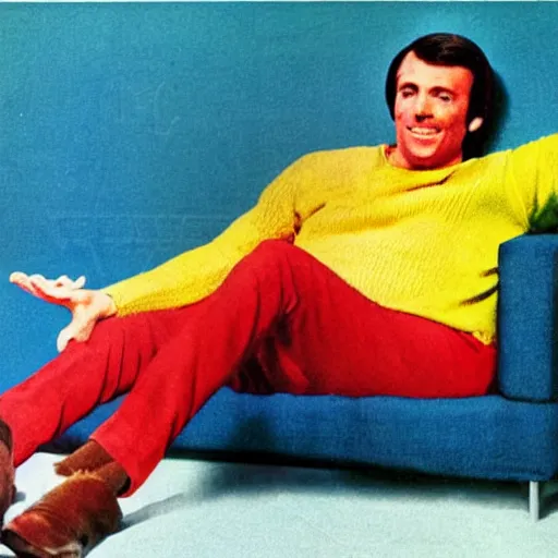 Image similar to lazy guy lying on the couch and doing nothing, 7 0 s advertisement, colorful