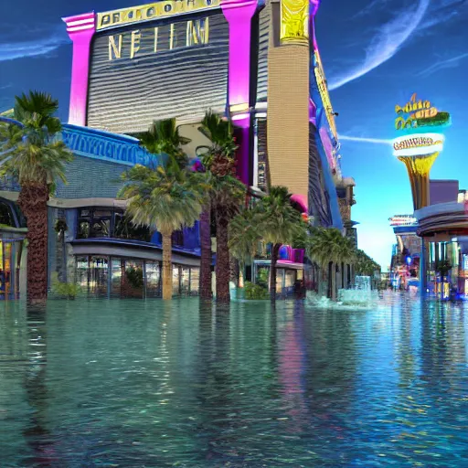 Image similar to las vegas strip being flooded end of the world 3 d studiomax, maya 3 d, unrealengine, 4 k, 8 k, hdr, extreme render, mind - bending reality, hyper detailed, wide angle ultra - vivid, photo - realistic nikon 3 5 mm, photograph
