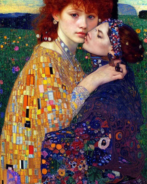 Image similar to a beautiful girl watching the sunset surrounded by colourful intricate patterns, by gustave klimt edgar maxence and caravaggio and michael whelan, intricate painting, hyper realistic, extremely detailed and beautiful aesthetic face, 8 k resolution