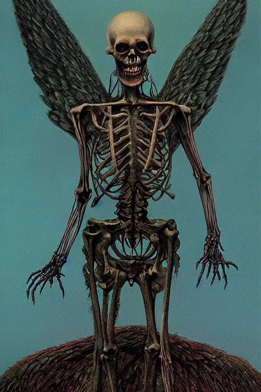 Image similar to creepy portrait of a skeletal zombie female green winged angel by wayne barlowe