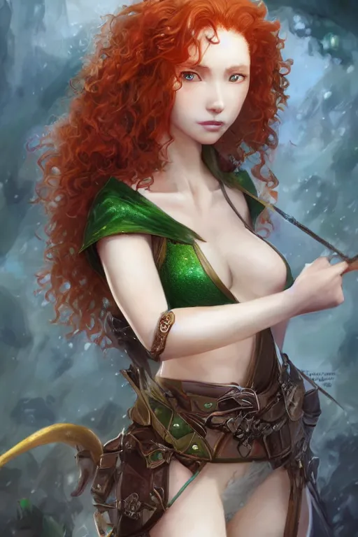 Image similar to A realistic anime portrait of long curly haired redhead female elf ranger wearing an intricate fantasy ranger outfit, asian facial features, green eyes, digital painting, by Stanley Artgerm Lau, Sakimichan, WLOP and Rossdraws, digtial painting, trending on ArtStation, SFW version