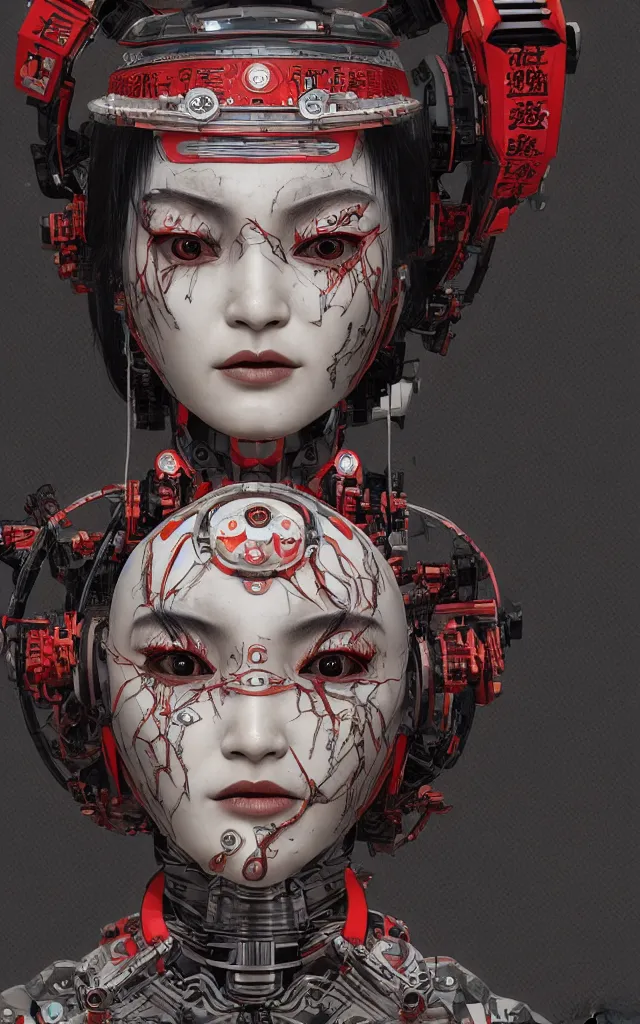 Image similar to an epic fantastic realism comic book style portrait painting of a japanese robotic : akira geisha with chinese pattern tattoos and decals, 云 雷 纹, 蟒 纹, inspired by the lord of ghost in the shell, octane render, intricate detail, 8 k hd, unreal engine 5, ex machina, irobot