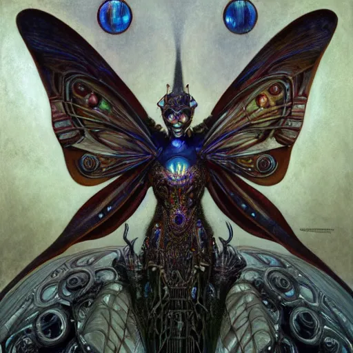 Image similar to realistic illustration of a beautiful rusted mechanical faerie queen with glowing eyes, moth wings with geometric patterns, reflective detailed textures, baroque dark fantasy science fiction painting by donato giancola and diego rivera and jean delville and moebius, silver and cool colors, artstation, octane render