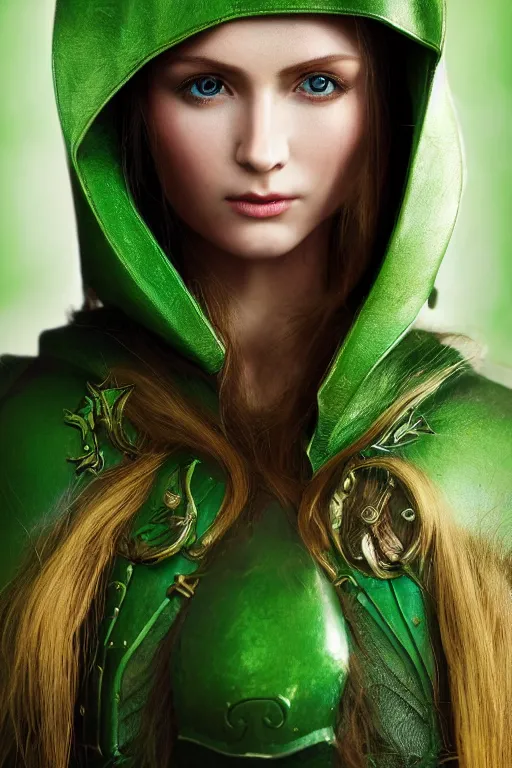 Image similar to a beautiful portrait of a young woman, green elf ranger with long flowing hair and a green leather hood, elf ranger leather armor with green colors and gold lining, young female face, cinematic top lighting, insanely detailed and intricate, face by wlop, Charlie Bowater, golden ratio, symmetric, elegant, ornate, luxury, elite, matte painting, cinematic, trending on artstation, deviantart and cgsociety, 8k, high resolution
