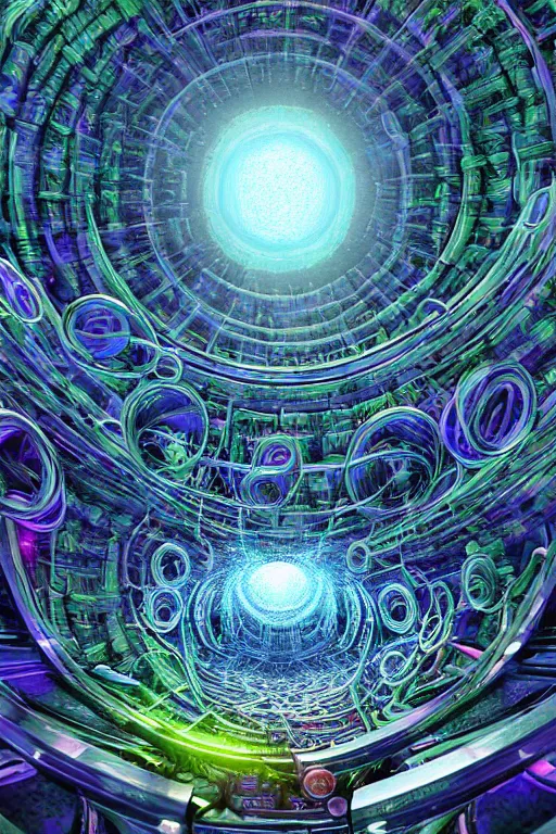 Image similar to the machine universe encounters a living cosmos inside an asymmetric orthogonal non - euclidean upside down inside out world with an infinite cosmic spiral waterfall of living information, inspired by android jones and blake foster, hyperrealistic, extreme detail, psychedelic visionary digital art, concept art, rendered in cinema 4 d, cryengine 8 k