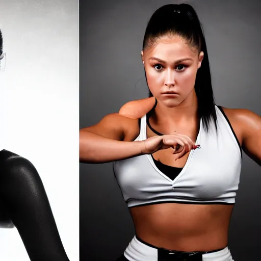 Image similar to full Portrait photography of someone who has the face of Ariana Grande, the body of Ronda Rousey