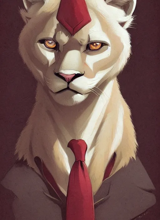 Image similar to beautiful portrait commission of a male furry anthro albino mountain lion with dark red eyes wearing a dress shirt in an old-timey Saloon. Atmospheric. Character design by charlie bowater, ross tran, artgerm, and makoto shinkai, detailed, inked, western comic book art