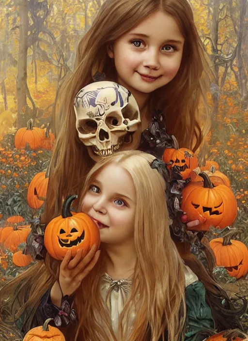 Image similar to a happy little girl with long straight golden blonde hair sitting amidst halloween decor, skulls and pumpkins. beautiful highly detailed face, beautiful painting by artgerm and greg rutkowski and alphonse mucha